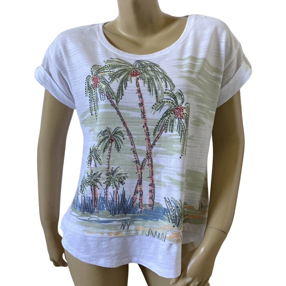 Thomas & Olivia Rhinestone T Shirt Petite PL Tropical Palm Tree White Beach